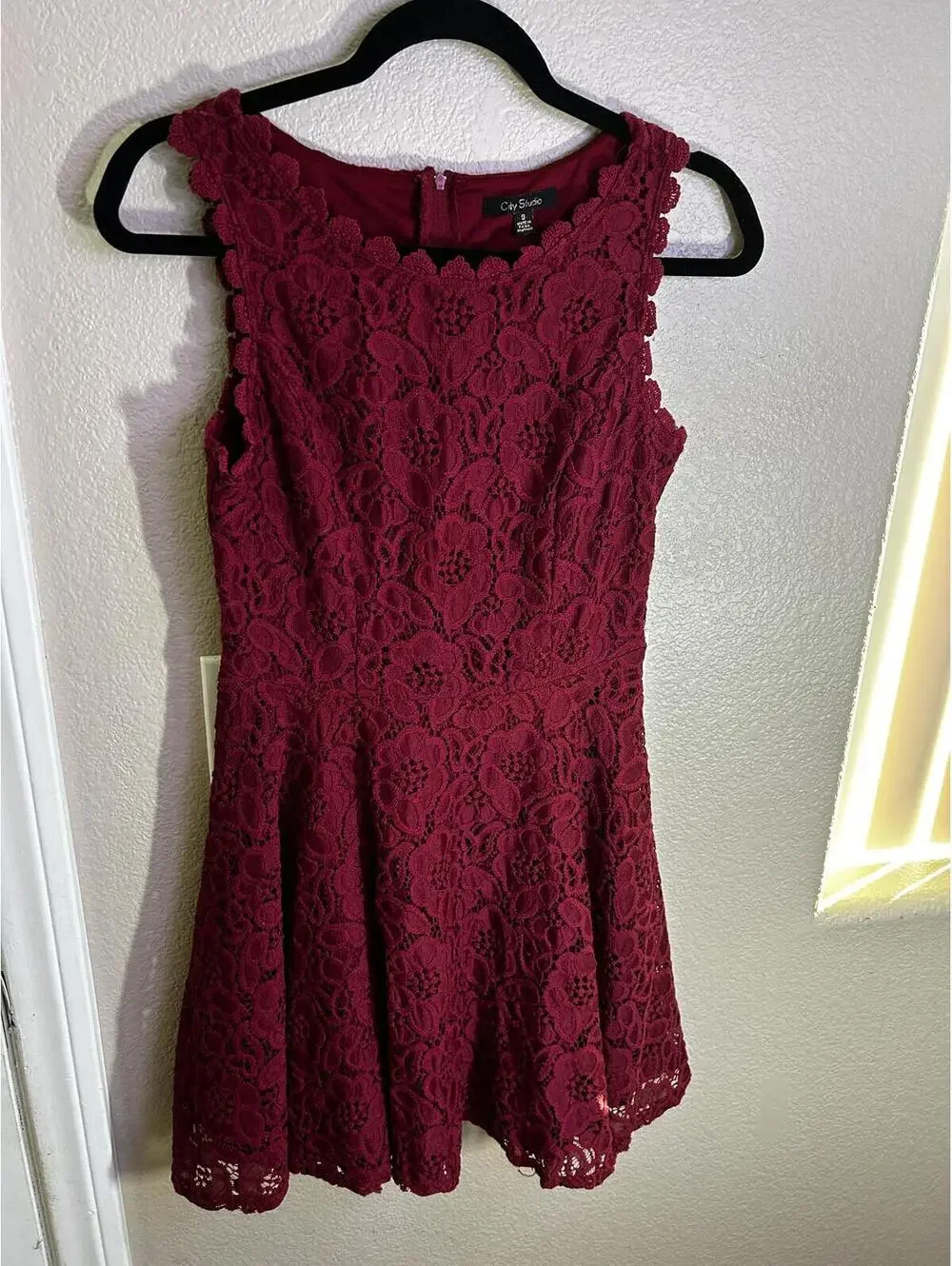 City Studio | Dresses | City Studio Womens Burgundy Lace Fit And Flare Dress  Size 9 | Poshmark